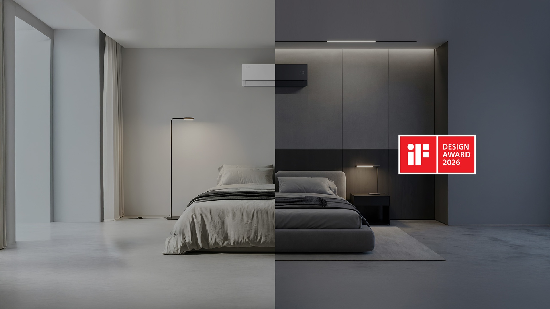 MTF Shop Samsung Klimaanlage Wärmepumpe Österreich | Minimalistisches Schlafzimmer im hellen und dunkelen Design Vergleich mit einer elegant an der Wand montierten Samsung WindFree Premiere Klimaanlage, ausgezeichnet mit dem iF Design Award 2026.