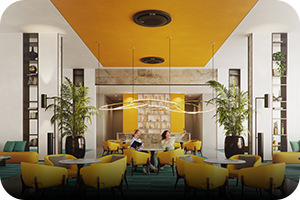 MTF Shop Samsung Klimaanlage Wärmepumpe Österreich | Eine moderne Lounge mit gelben Sesseln und schwarzen Samsung 360 Kassetten an der Decke. Die kreisförmigen Klimageräte fügen sich elegant in das Design ein und sorgen für eine zugfreie, gleichmäßige Luftverteilung im Raum.