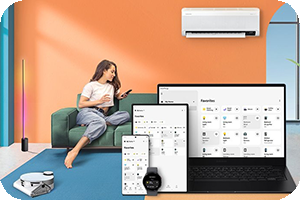 MTF Shop Samsung Klimaanlage Wärmepumpe Österreich | Eine Frau steuert ihre Samsung Klimaanlage und andere Geräte über die SmartThings App auf ihrem Smartphone