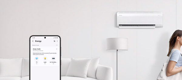 MTF Shop Samsung Klimaanlage Wärmepumpe Österreich | Mit dem Away Mode schalten sich Ihre Geräte beim Verlassen des Hauses automatisch aus. Intelligente Smart-Home-Lösungen für maximale Energieeinsparung in Österreich.