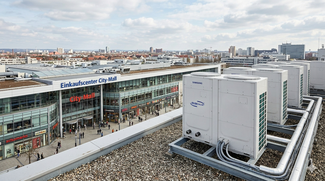 MTF Shop Samsung Klimaanlage Wärmepumpe Österreich | Leistungsstarker Samsung DVM Chiller auf dem Dach eines modernen Einkaufscenters zur effizienten Kühlung und Beheizung großer Gewerbeflächen für maximalen Komfort.