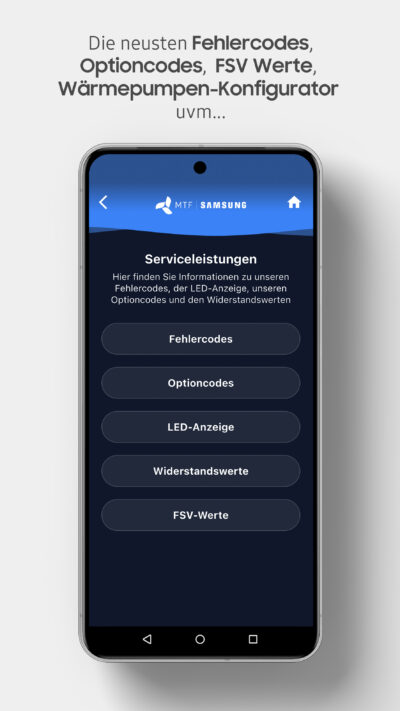 MTF Shop Samsung Klimaanlage Wärmepumpe Österreich | Ansicht der Serviceleistungen in der MTF App inklusive Fehlercodes, Optioncodes, LED-Anzeige, Widerstandswerten und FSV-Werten für Techniker und Partner.