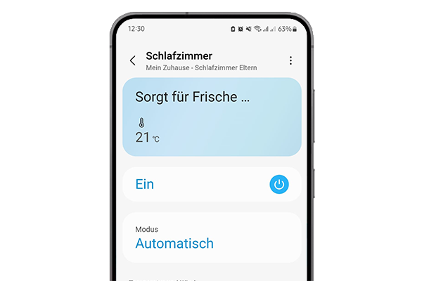 MTF Shop Samsung Klimaanlage Wärmepumpe Österreich | Intuitive App-Steuerung der Raumtemperatur auf 21 Grad im Schlafzimmer über die SmartThings App für maximalen Komfort und effiziente Klimatisierung zu Hause.
