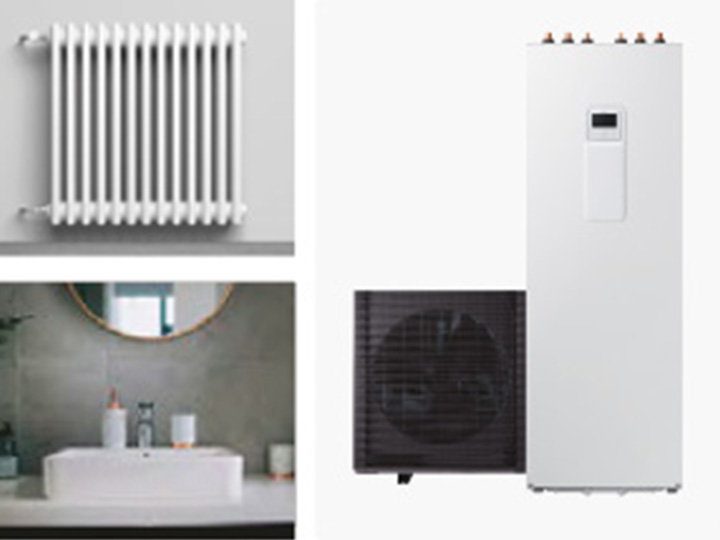 MTF Shop Samsung Klimaanlage Wärmepumpe Österreich | Moderne Samsung Wärmepumpen-Kombination mit Außengerät und kompakter Inneneinheit für effizientes Heizen über Bad-Armaturen und Heizkörper im stilvollen Zuhause.