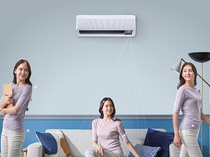 MTF Shop Samsung Klimaanlage Wärmepumpe Österreich | Energieeffizientes WindFree Wandgerät mit KI-Bewegungssensor zur intelligenten Luftstromsteuerung für maximalen Komfort und Stromersparnis im modernen Wohnzimmer.