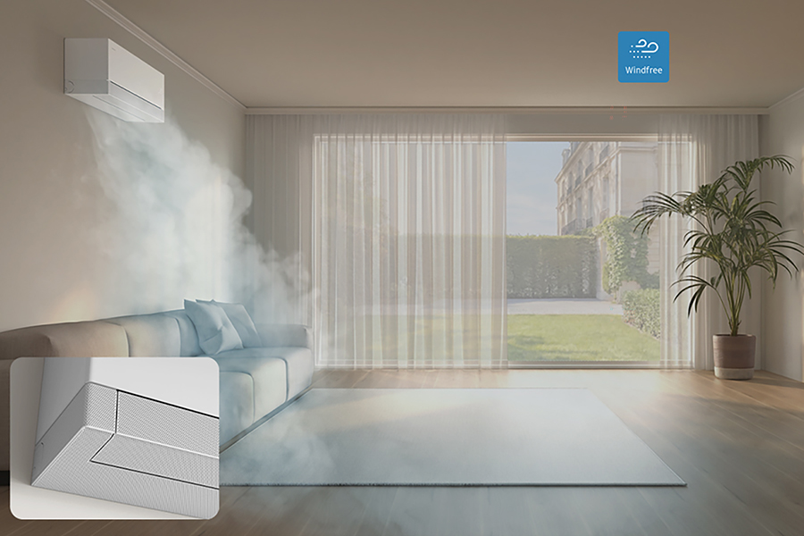 MTF Shop Samsung Klimaanlage Wärmepumpe Österreich | Visualisierung der WindFree-Technologie im Wohnzimmer. Sanfte Luftverteilung durch tausende Mikro-Luftlöcher ermöglicht Kühlen ohne direkten Luftzug.