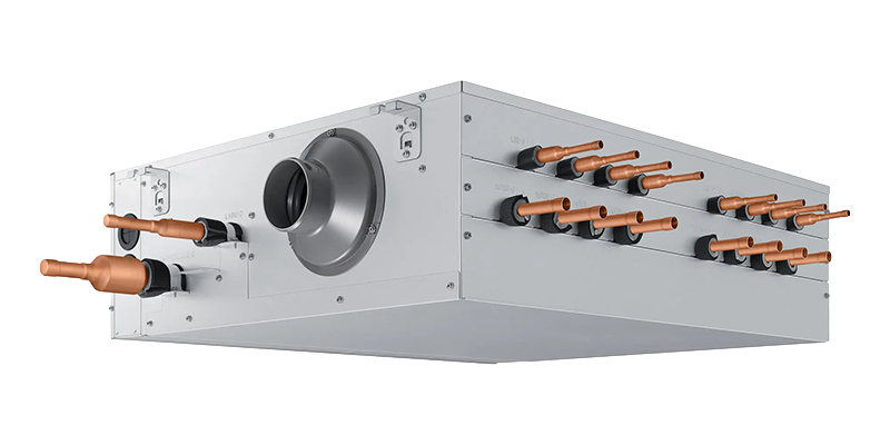 MTF Shop Samsung Klimaanlage Wärmepumpe Österreich | Samsung MBS-A8NEK1N DVM R32 Shut-Off Box: Kompaktes Metallgehäuse mit zahlreichen Kupferrohr-Anschlüssen für effiziente Kältemittelverteilung in VRF-Systemen vor weißem Hintergrund.