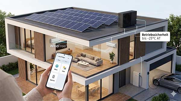 MTF Shop Samsung Klimaanlage Wärmepumpe Österreich | Infografik zur Bespoke AI Technologie mit AI Energy Mode für bis zu 10% Energieeinsparung, Echtzeit-Optimierung durch Wetterdaten und intuitive Steuerung per App.