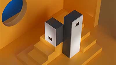 MTF Shop Samsung Klimaanlage Wärmepumpe Österreich | Moderne Samsung EHS ClimateHub Hydro-Einheiten in Weiß-Grau auf gelben Treppenstufen vor abstraktem Hintergrund mit rundem Fensterdurchblick in kräftigem Blau.