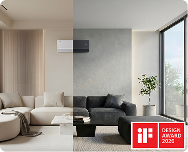 MTF Shop Samsung Klimaanlage Wärmepumpe Österreich | Die neue WindFree Premiere Klimaanlage im modernen Wohnzimmer, prämiert mit dem iF Design Award 2026. Elegantes Split-Klimagerät perfekt integriert für stilvolle, zugfreie Kühlung.